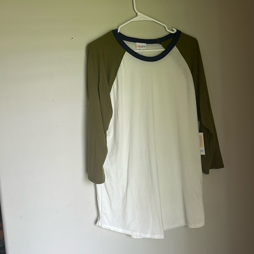 LuLaRoe White, olive green, and Navy Raglan Top